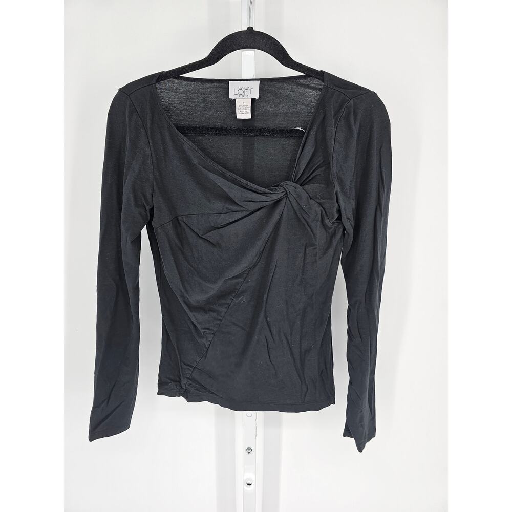 Ann Taylor Loft Women's Black Tied Round Neck Rayon Stretch Top Size S